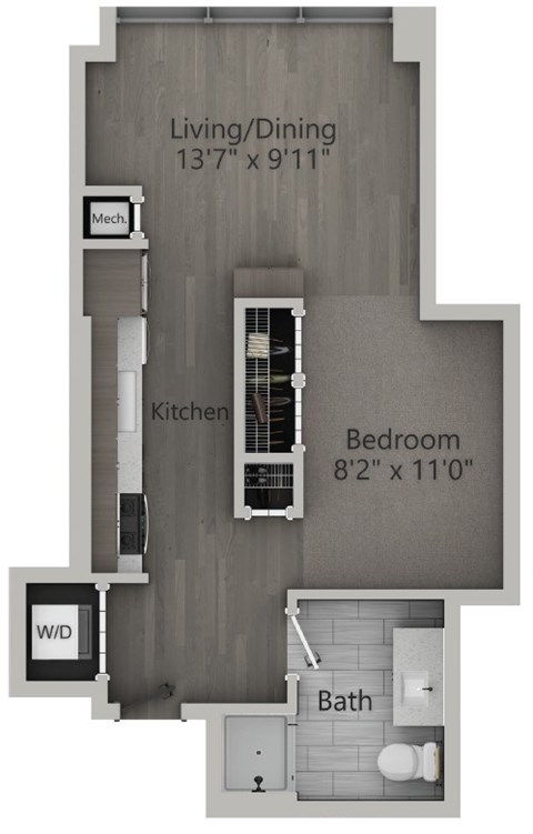Floor plan for 1 bed, 1 bath, 507 sqft